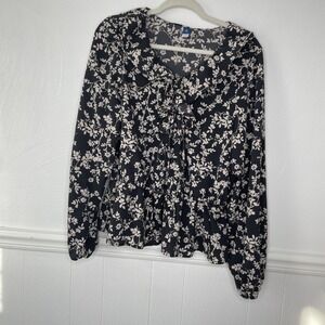 Old Navy Long-Sleeve Blouse Top XL Tall BlackFloral Ruffle-Trim